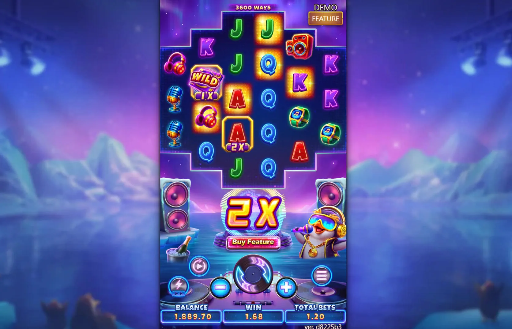 The main game grid of DJ Boom Boom showcasing its unique 3-4-5-5-4-3 reel structure and high-paying symbols during base gameplay.