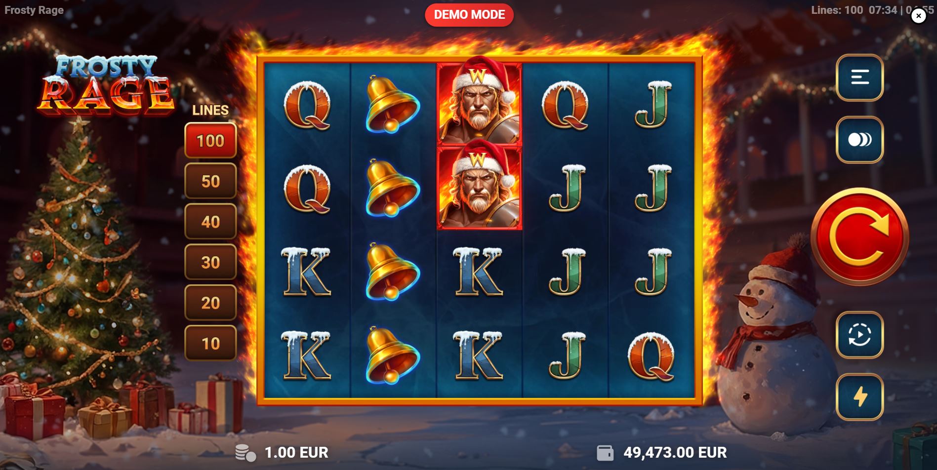 The main game grid of the Frosty Rage slot, showcasing the Christmas-themed Roman arena setting.
