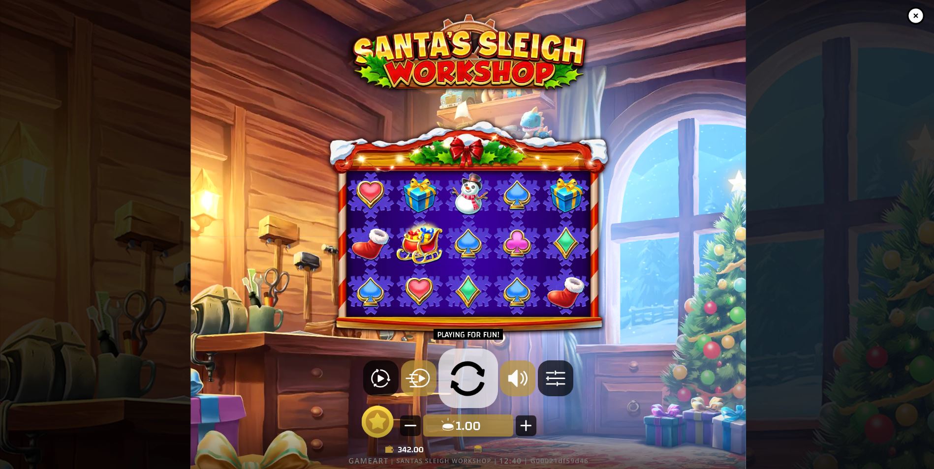 he main game grid of the Santa's Sleigh Workshop slot, showing the 5x3 reel layout in Santa's cozy workshop.