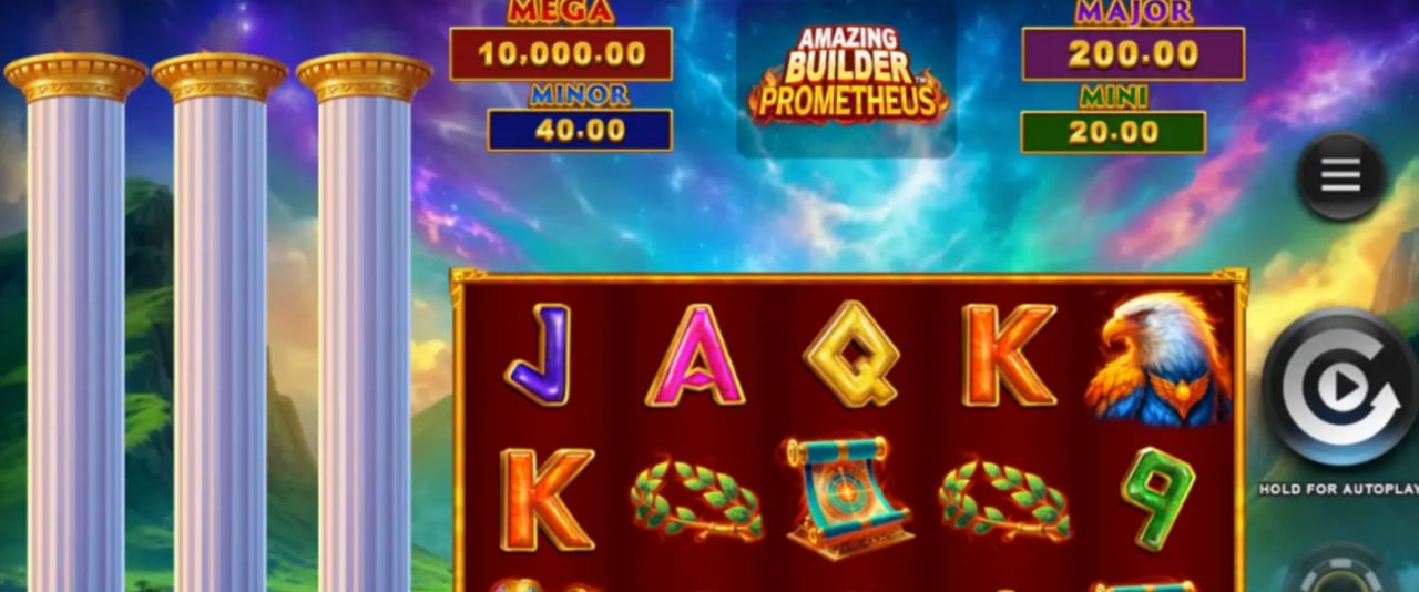 Amazing Builder Prometheus slot base game interface featuring 5 reels, Greek pillars, and Prometheus wild symbol.