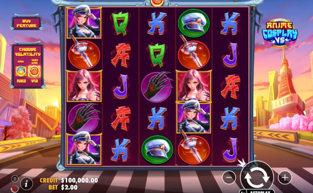 Anime Cosplay VS slot base game grid with Aiko character on the left.