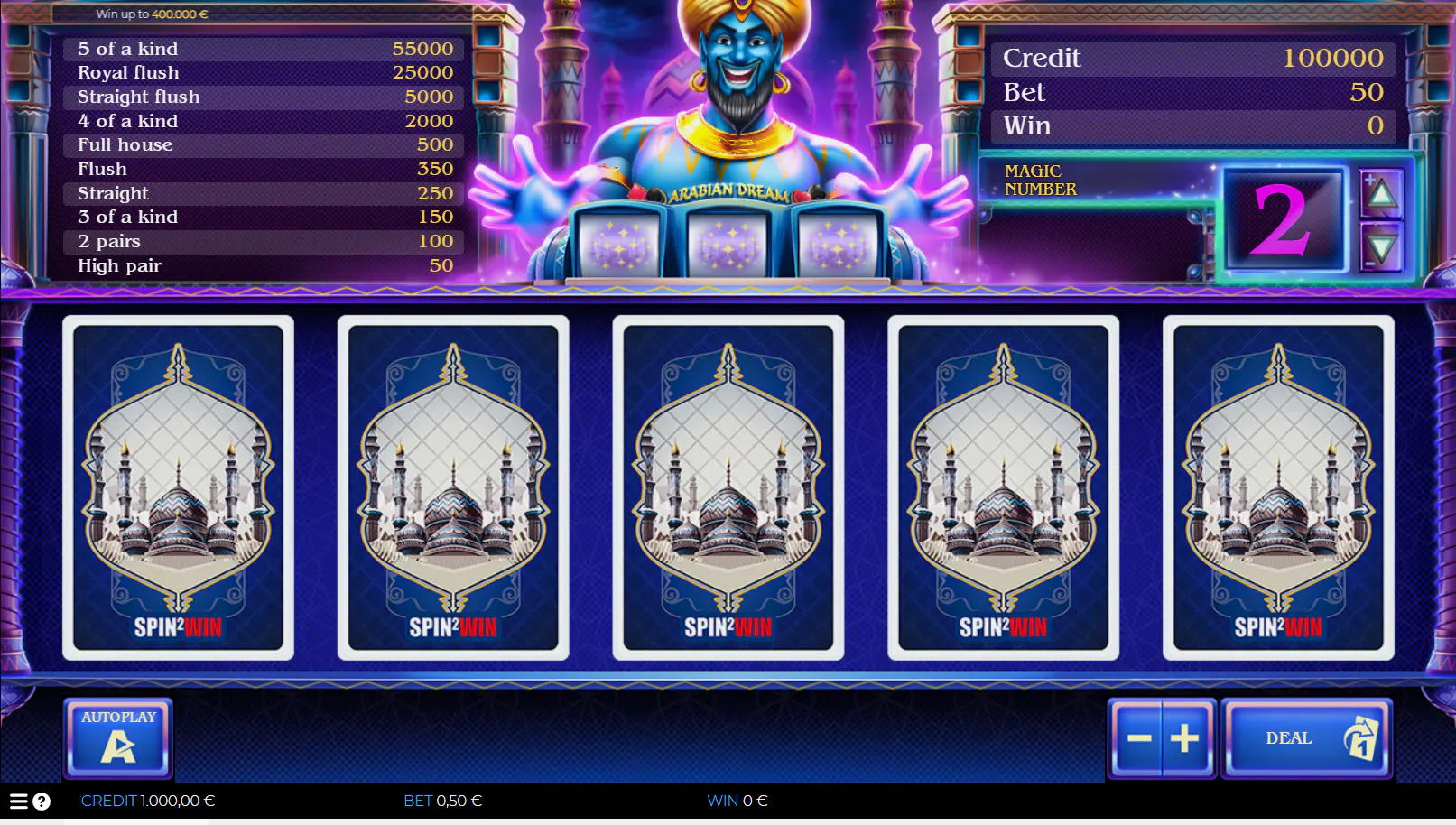 Arabian Dream main game screen with five face-down cards and paytable, at round start, showing the full setup players use before decisions