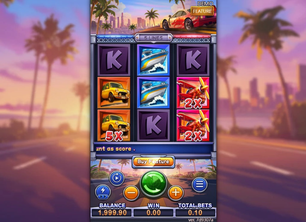 Bad Rich Wolf slot base game interface showing 3x3 grid with luxury symbols like planes and yachts on a Miami sunset background.