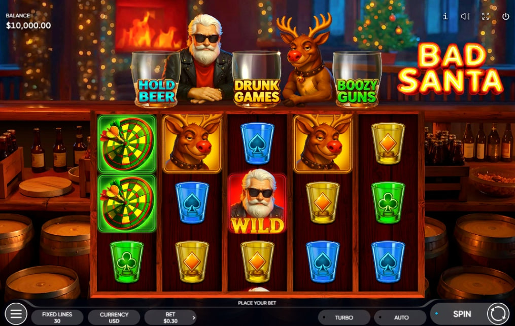Bad Santa slot base game by Endorphina featuring 5x4 grid and bottle tokens.