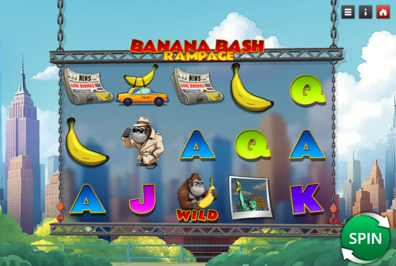 Base game reels of Banana Bash Rampage slot by Genii featuring Koko the gorilla, taxis, and New York skyline background.