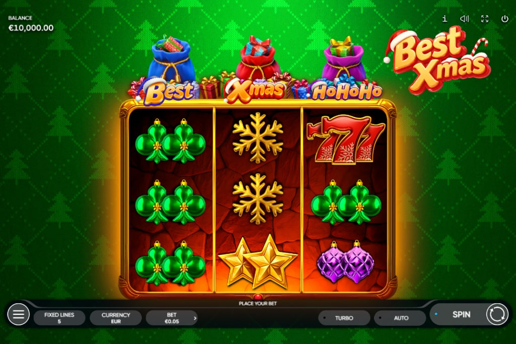 Best Xmas slot base game 3x3 grid with red blue and purple gift bags.
