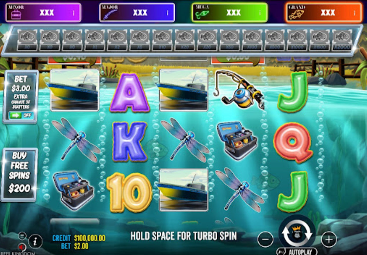 Big Bass Jackpot Bonanza slot base game interface showing 5x4 grid and fishing boat symbols.