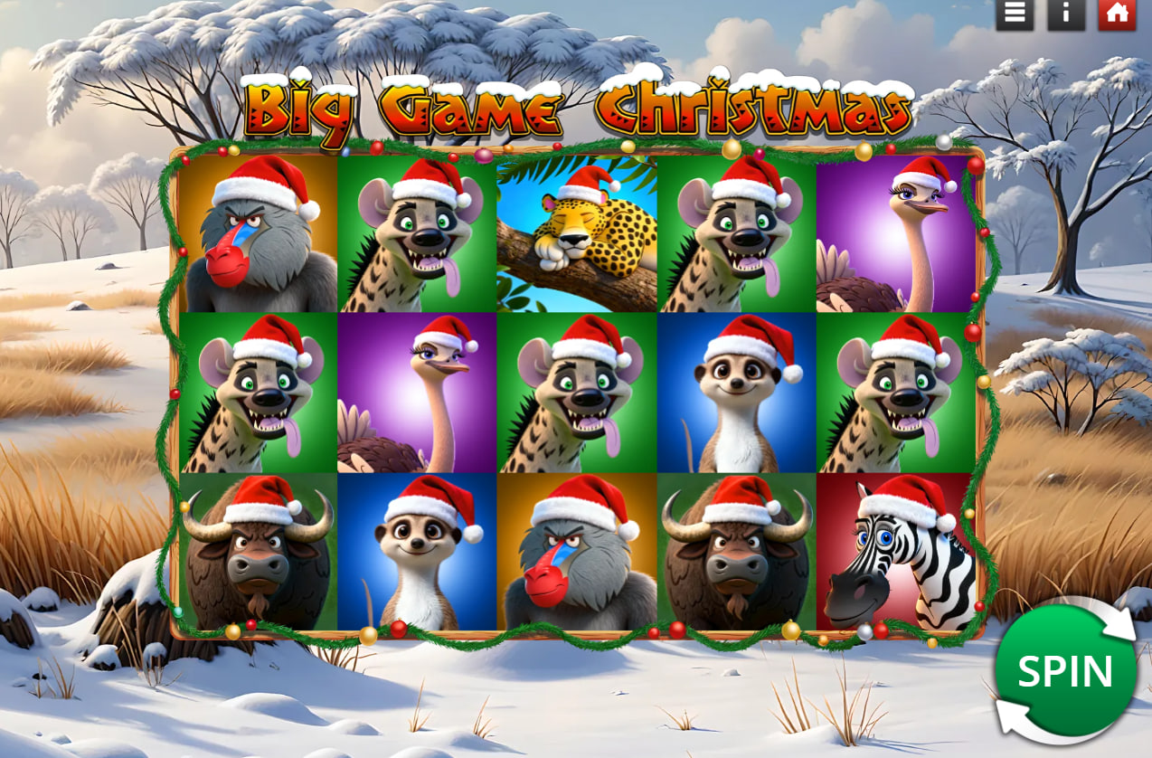 Big Game Christmas slot base game interface featuring cartoon animals with Santa hats on a 5x3 grid.