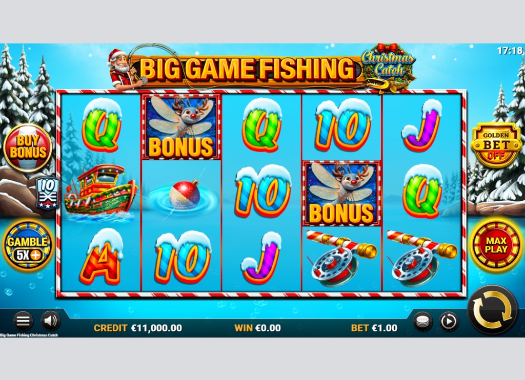 Big Game Fishing Christmas Catch slot base game interface showing 5x3 snow-covered reels and 10 paylines.
