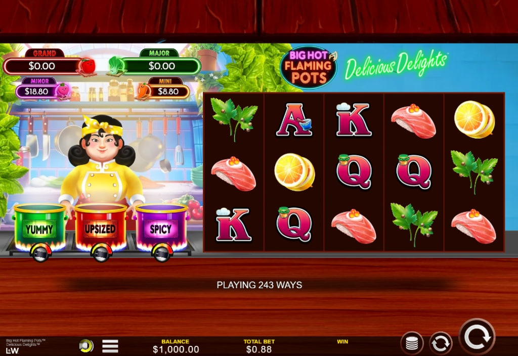 Big Hot Flaming Pots Delicious Delights slot base game interface featuring chef character and 5x3 grid