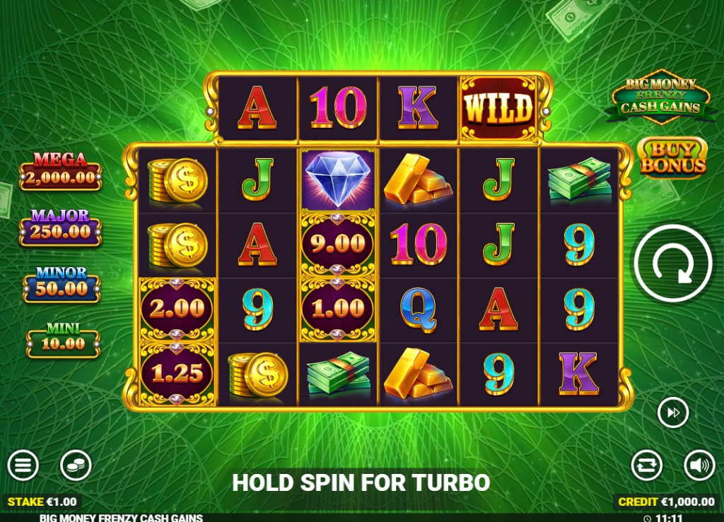 Base game interface of Big Money Frenzy Cash Gains slot by Blueprint Gaming showing 5x3 grid and diamond symbols.