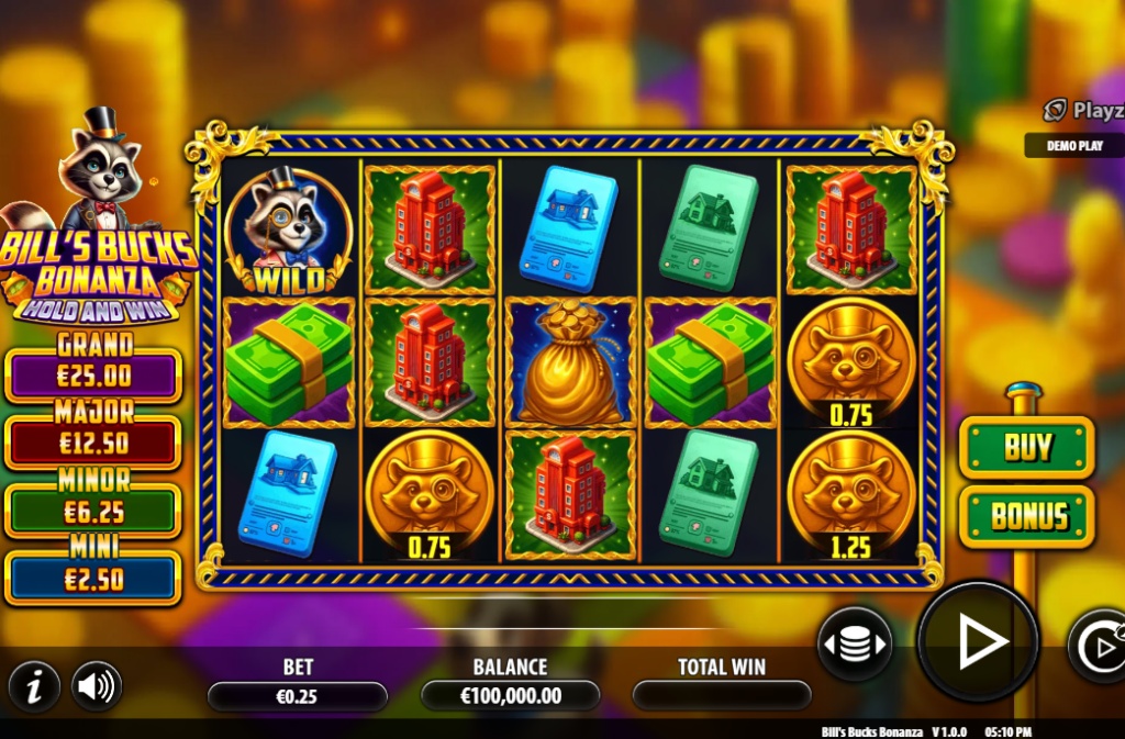 Bill’s Bucks Bonanza slot base game grid with raccoon wild and money symbols.