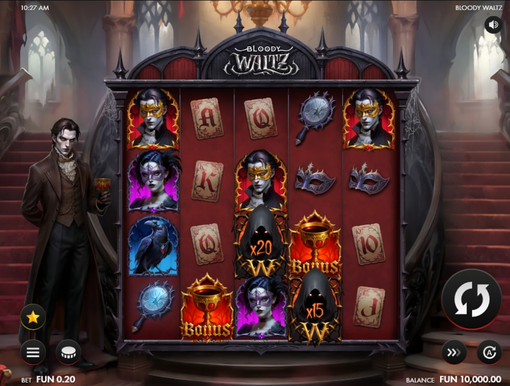 Bloody Waltz slot base game 5x4 grid featuring vampire protagonists and high paying symbols.