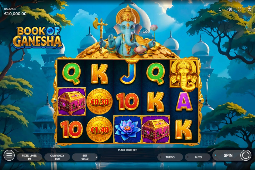 Book of Ganesha slot base game interface showing 5x3 grid, Ganesha symbols, and temple background by Endorphina.