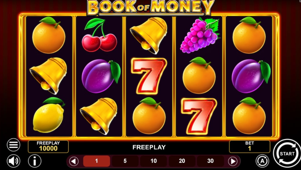 Book of Money slot base game interface showing 5x3 grid with fruit symbols like cherries and lemons and 243 ways to win indicator.