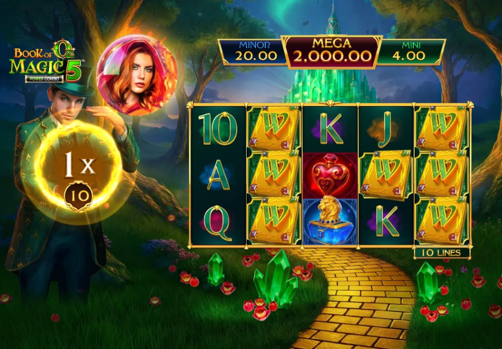 Book of Oz Magic 5 Power Combo slot base game interface showing 5x3 grid and countdown numbers on symbols.