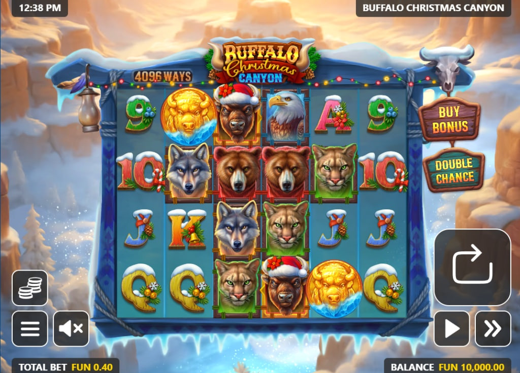 Buffalo Christmas Canyon slot main game screen showing 6x4 grid with buffalo and bear symbols in winter landscape.