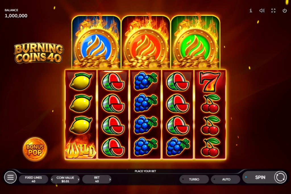 Burning Coins 40 slot base game interface showing 5x4 grid and burning coins feature.