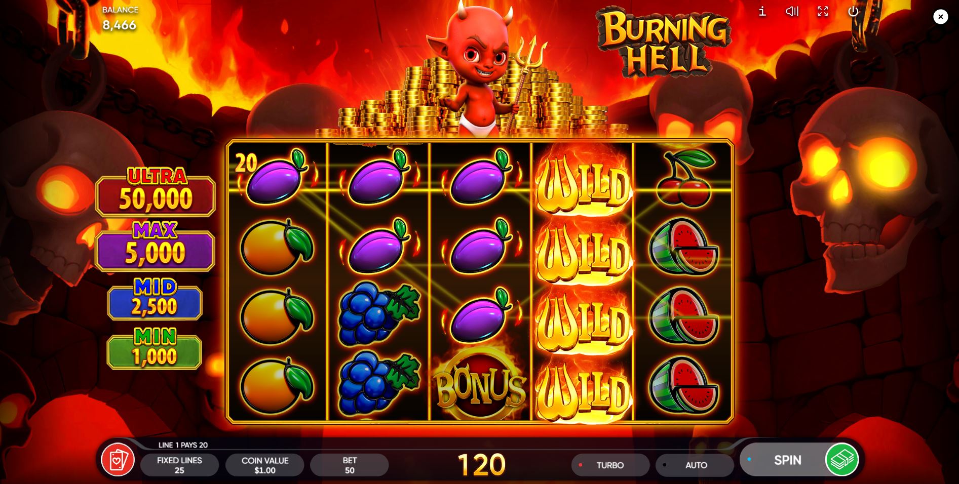 An expanding wild symbol engulfed in flames covers an entire reel in the Burning Hell slot game to create a win.
