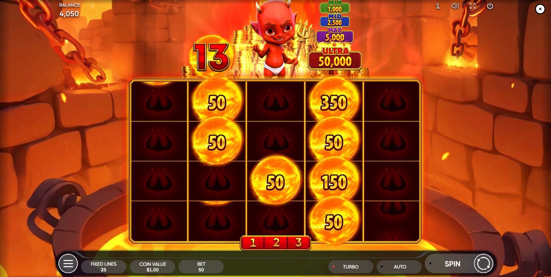 The Hold & Spin jackpot bonus round in Burning Hell, with prize values and a Collector symbol locked on the grid.