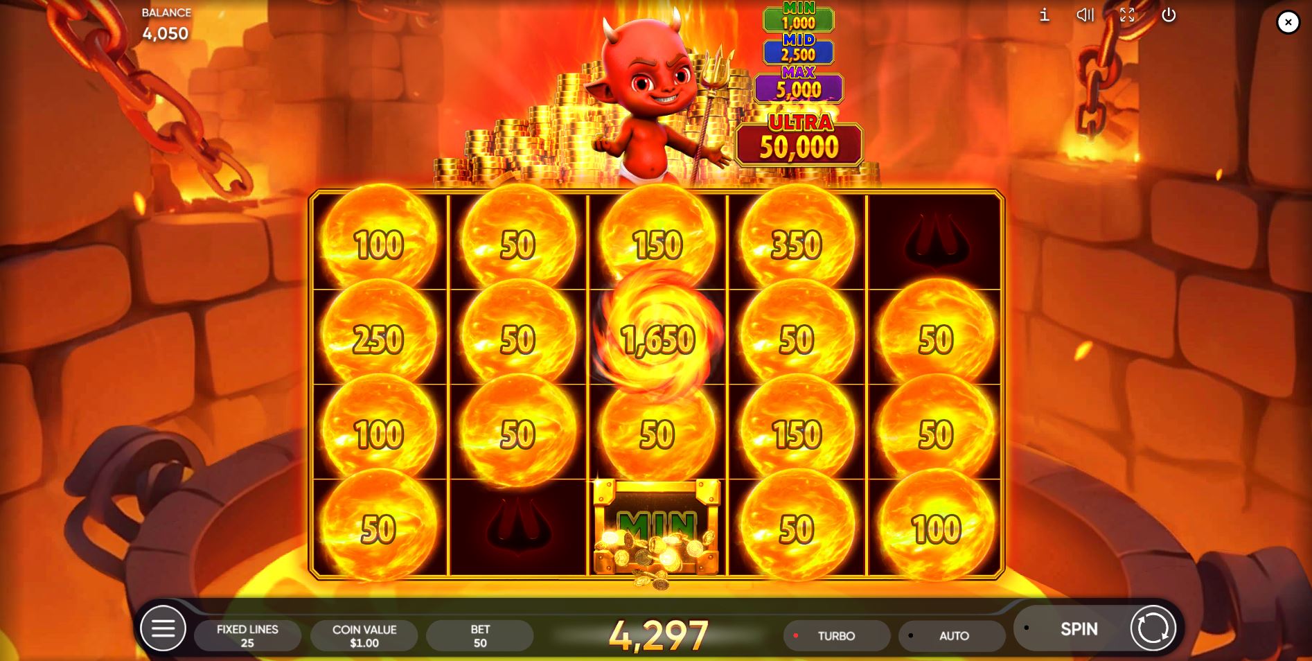 A Mystery symbol reveals a fixed jackpot win during the Luck of the Devil bonus in the Burning Hell slot.