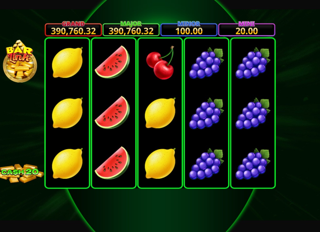 Cash 20 Bar Link slot base game interface with fruit symbols and vault door.