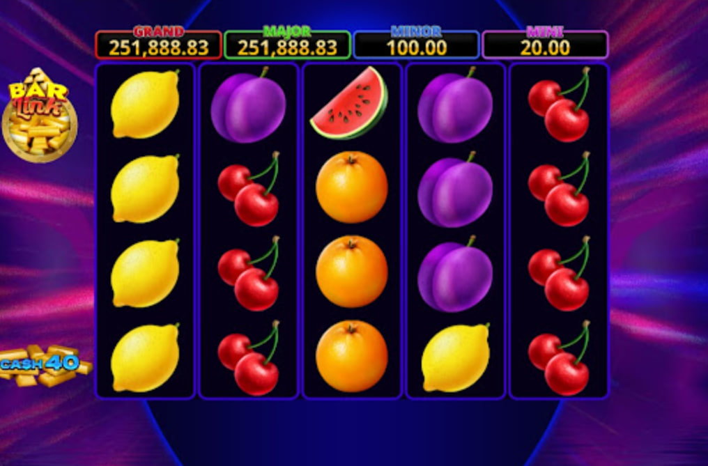 Cash 40 Bar Link slot base game interface featuring a 5x4 grid with lemon, cherry, and plum symbols and the golden vault door on the left.