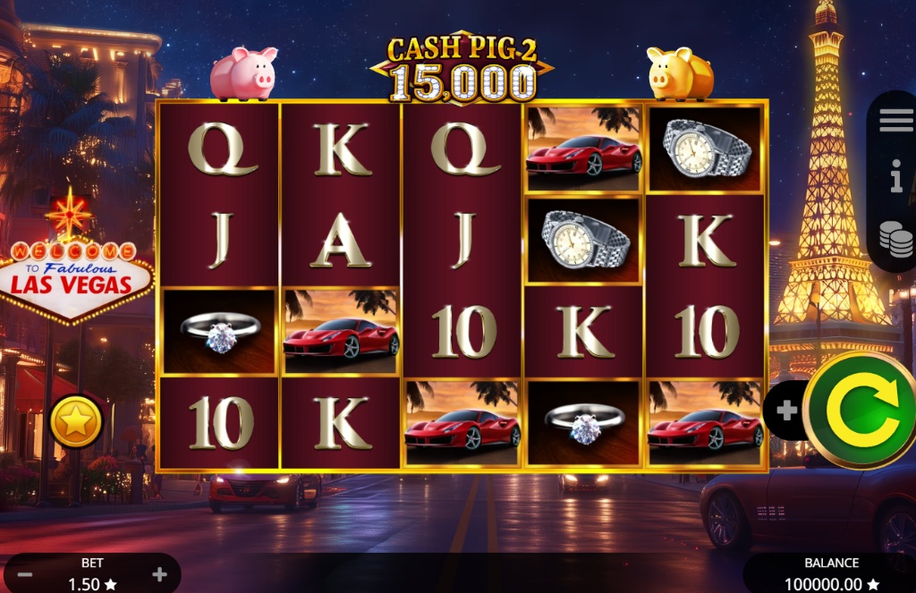 Cash Pig 2 15000 slot base game interface showing 5x4 grid, Parisian background, and Piggy Bank symbols.