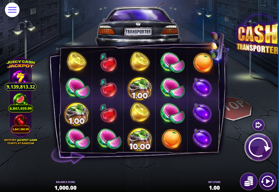 Main 5x4 game grid of Cash Transporter slot showing WILD symbols and various coin types on a dark industrial background.