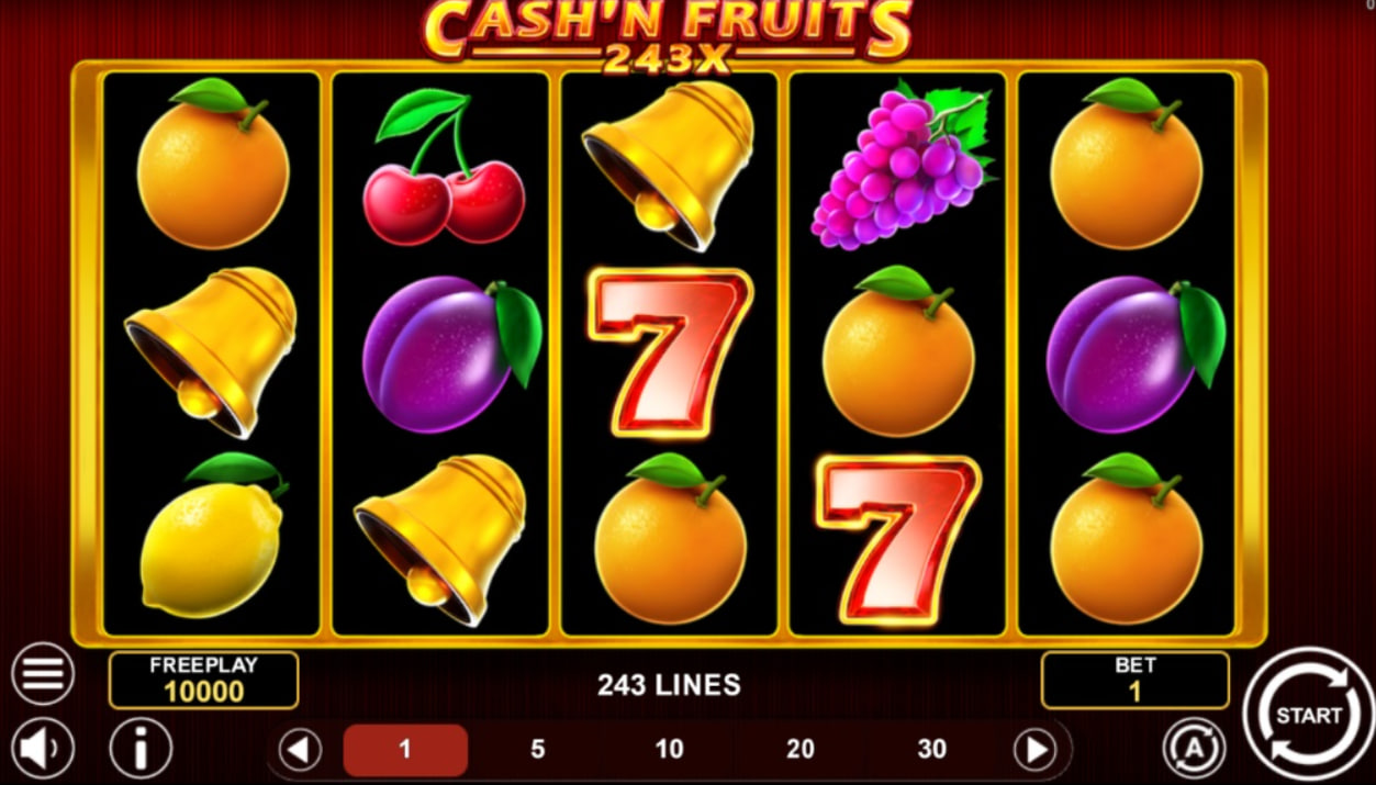 Cash'n Fruits 243 X slot base game interface showing 5x3 grid and control panel.