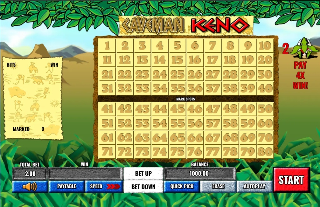 Caveman Keno 80-number grid with dinosaur theme and stone interface.