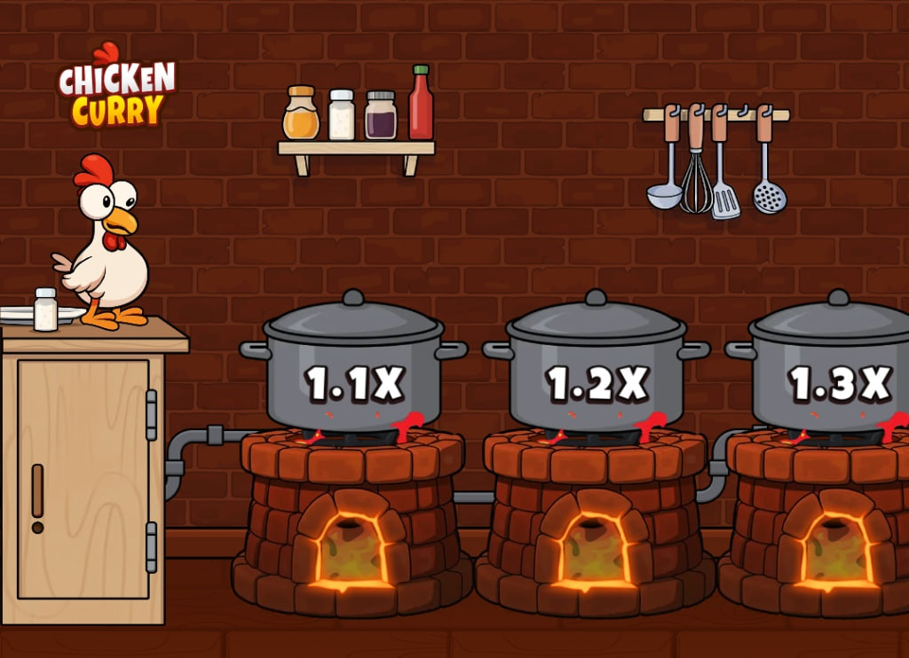 Chicken Curry arcade game interface showing the chicken character, multiplier pots, and kitchen background.