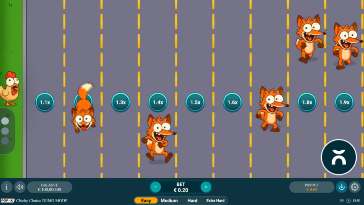 Main gameplay interface of Chicky Choice casino game showing the chicken character, road lanes with multipliers, and the bet selector panel on a farm background.