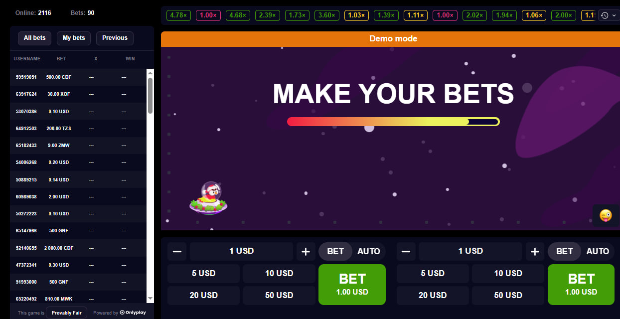 ChiX crash game main interface by Onlyplay featuring a purple space theme and dual betting control panels.