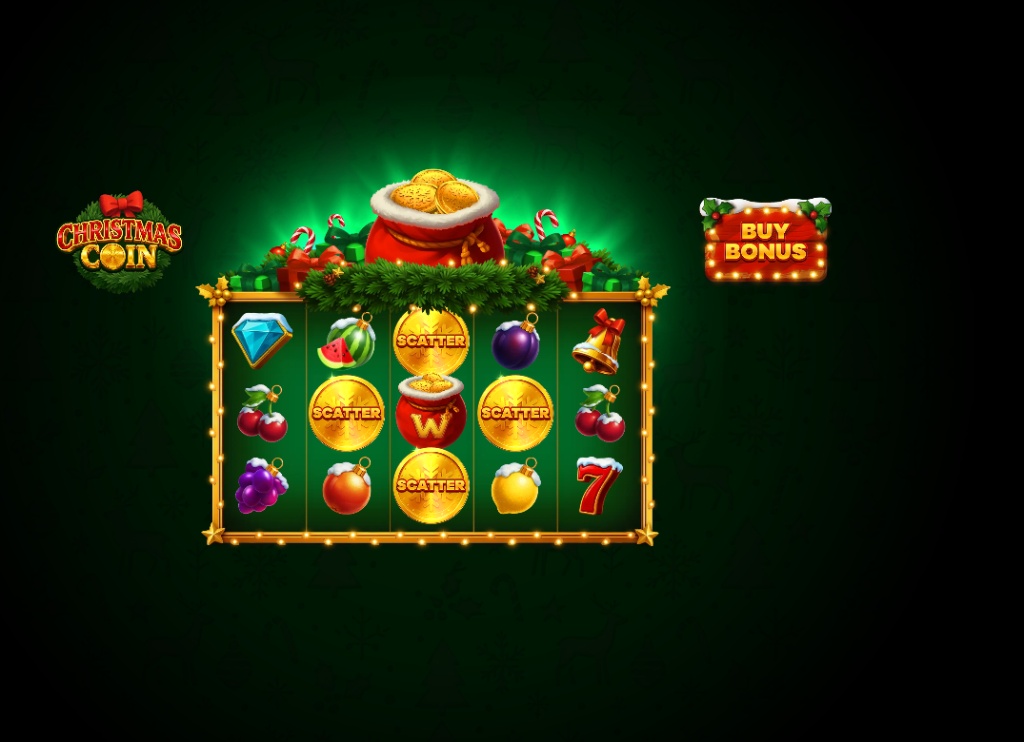 Base game grid of Christmas Coin slot by PoggiPlay showing 5 reels, green background, and ornament symbols.