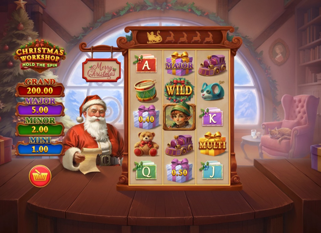 Christmas Workshop: Hold the Spin slot base game 3x3 grid with Santa and toys symbols