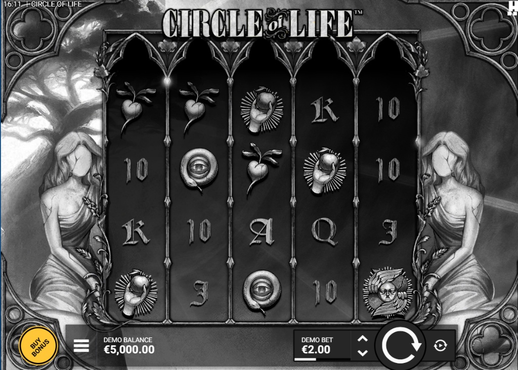 Circle of Life slot base game grid with gothic statues background