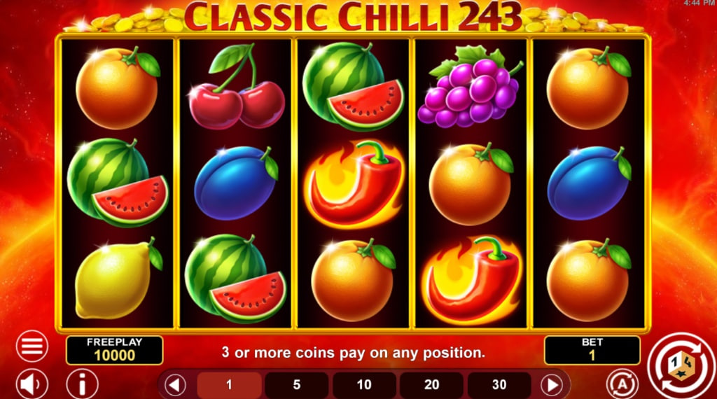 Main 5x3 reel grid of Classic Chilli 243 slot by 1Spin4Win featuring fruit symbols like watermelons and cherries on a fiery red background.