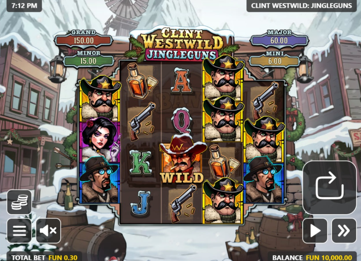 Clint Westwild Jingleguns slot base game interface showing 3-4-4-4-3 reel layout and snowy wild west town background.
