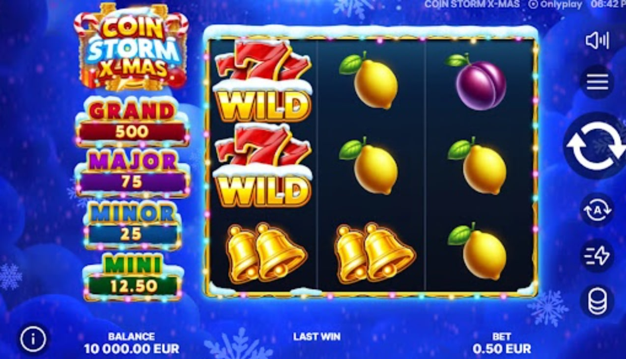 Main 3x3 grid of Coin Storm X-Mas slot by Onlyplay showing fruit symbols and the accumulator pot filled with gold coins against a blue winter background.