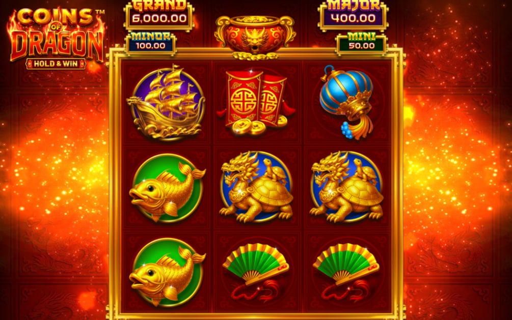 Coins of Dragon slot base game interface showing 3x3 grid with dragon wilds and golden ship symbols on a black background.