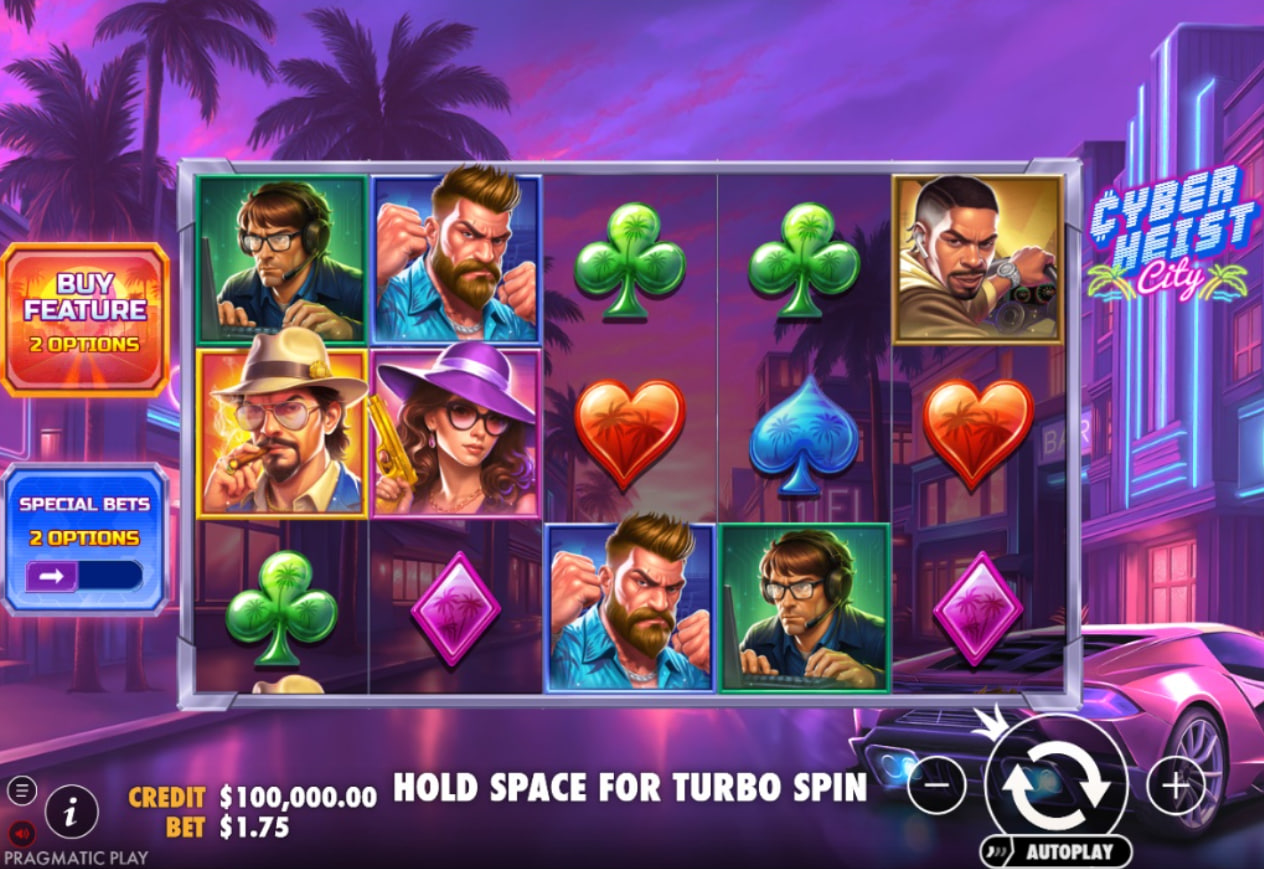 Cyber Heist City slot base game screen with 5x5 grid and neon city background.