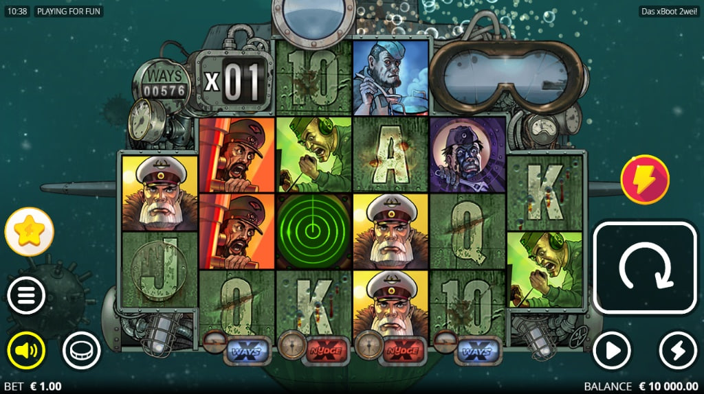 Das xBoot slot base game interface showing 2-3-4-4-3-2 reel layout and submarine background.
