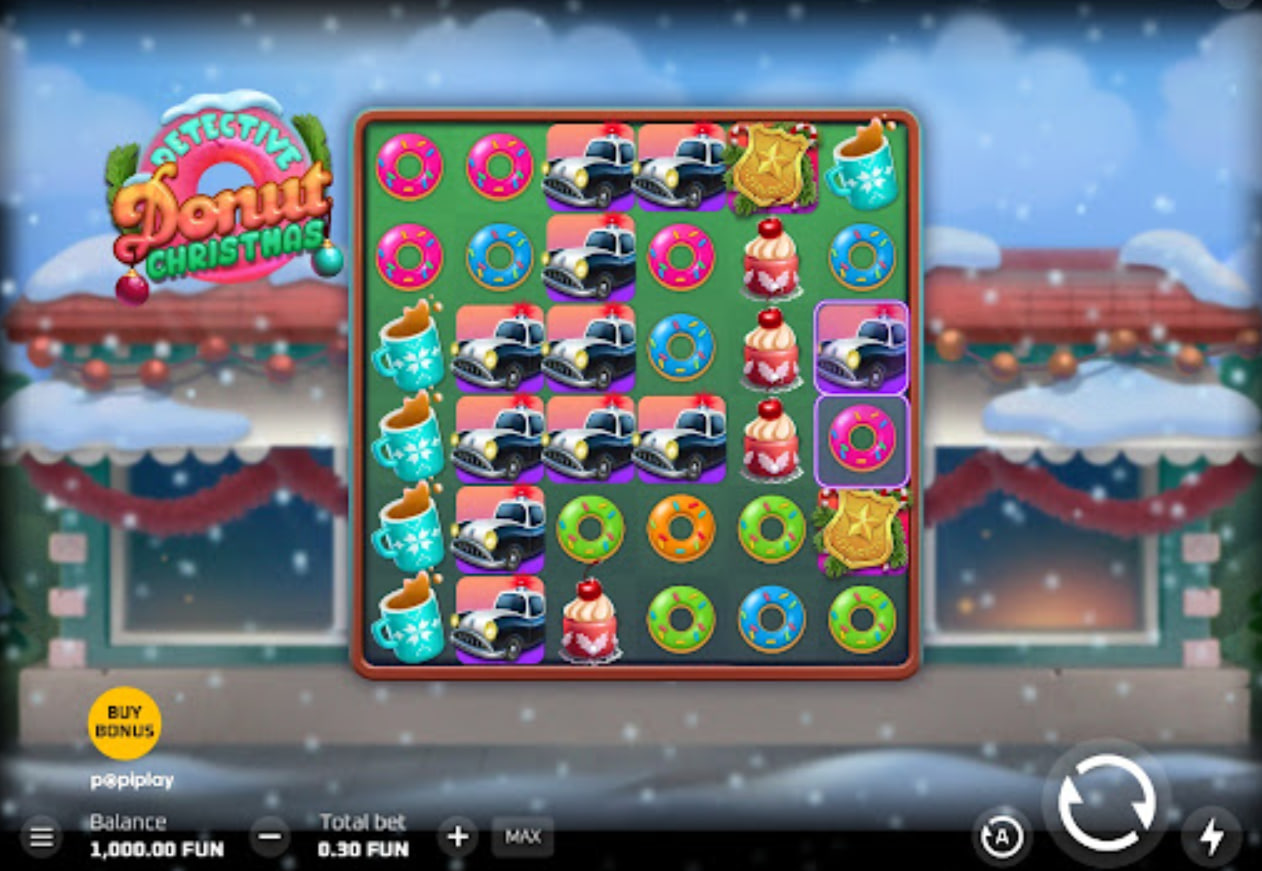 Detective Donut Christmas slot base game 6x6 grid with donut and police car symbols in a snowy setting.