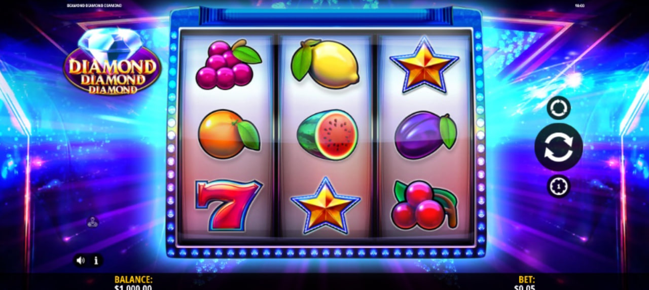 Base game interface of Diamond Diamond Diamond slot by IGT showing 3 reels and neon blue background.