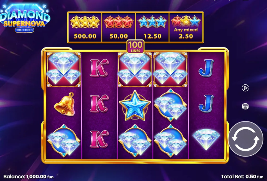 Base game interface of Diamond Supernova 100 slot by PopOK Gaming showing 5x4 grid and diamond symbols.
