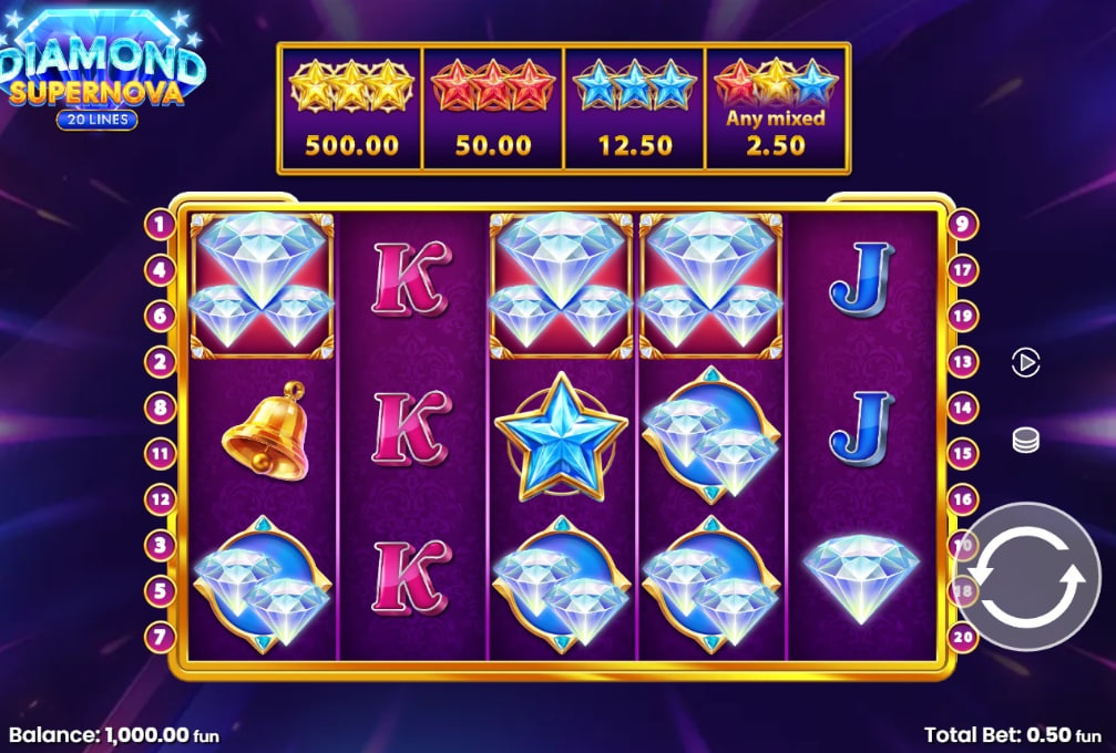Diamond Supernova 20 slot base game interface showing 5x3 grid and purple background
