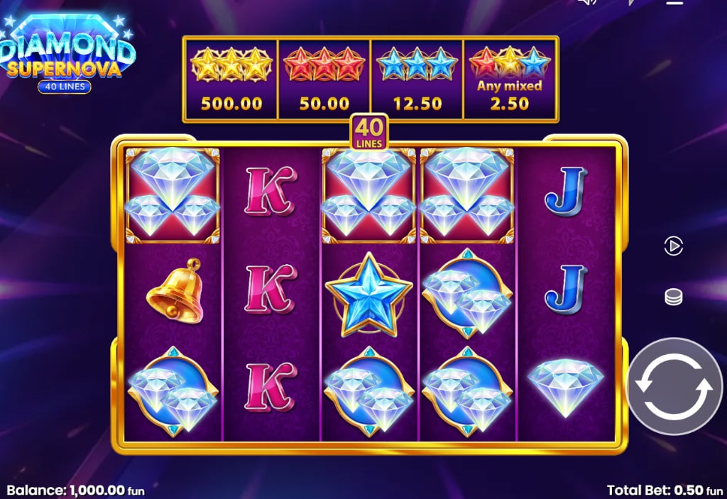 Diamond Supernova 40 slot base game interface by Push Gaming showing 5x4 grid and neon visuals.