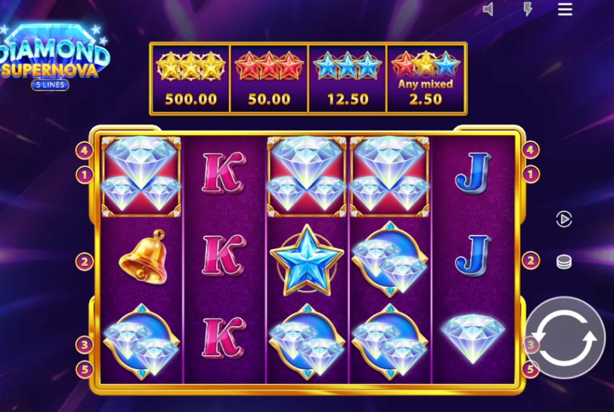 Diamond Supernova 5 slot base game interface showing 5x3 reels with diamond and royal symbols on a purple cosmic background.