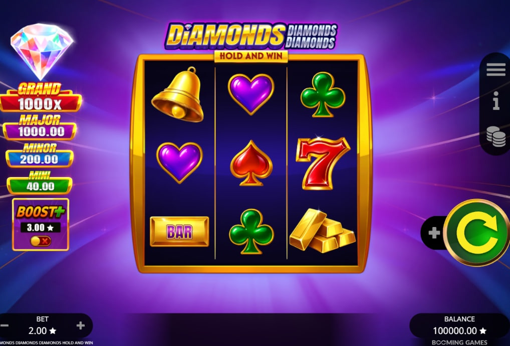 Main 3x3 grid of Diamonds Diamonds Diamonds Hold and Win slot by Booming Games featuring classic symbols like bells and sevens.
